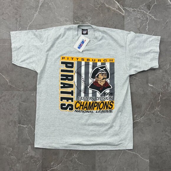 90s Vintage Pittsburgh Pirates Graphic Tee Mens XL Dead Stock 1991 NL Champions - Picture 1 of 11